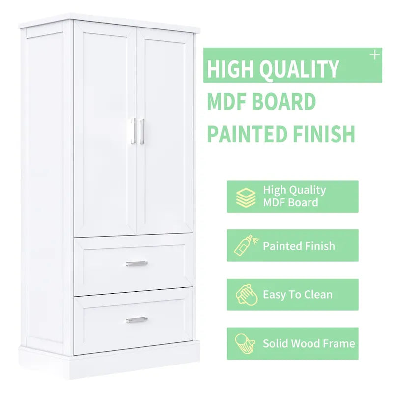 Armoire haute de rangement blanche avec deux portes et deux tiroirs