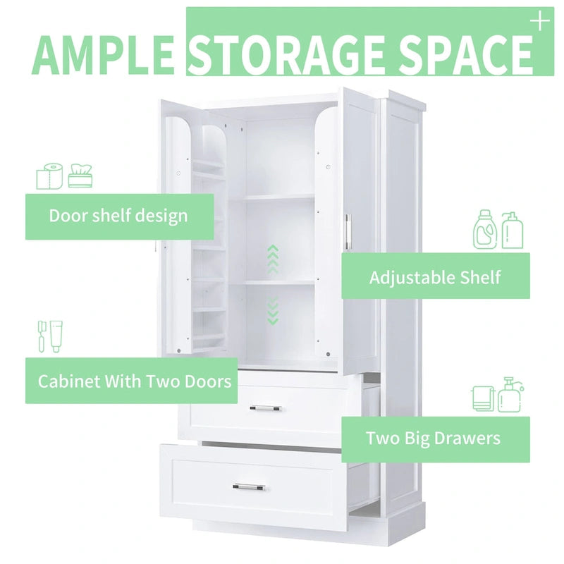Armoire haute de rangement blanche avec deux portes et deux tiroirs