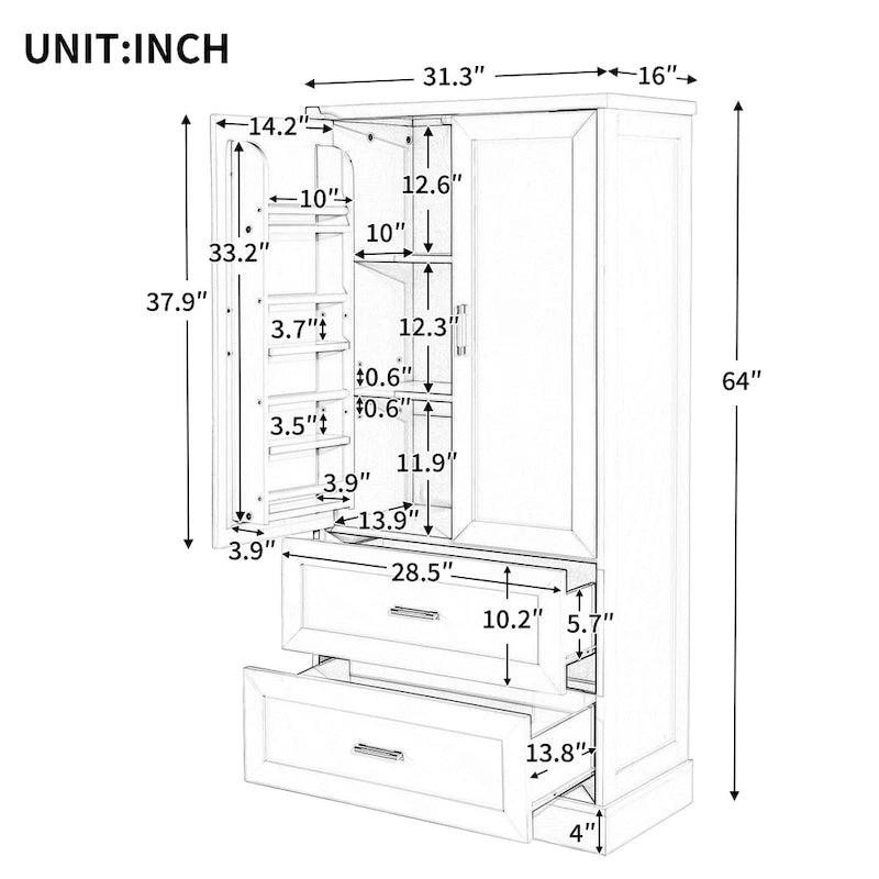 Armoire haute de rangement blanche avec deux portes et deux tiroirs