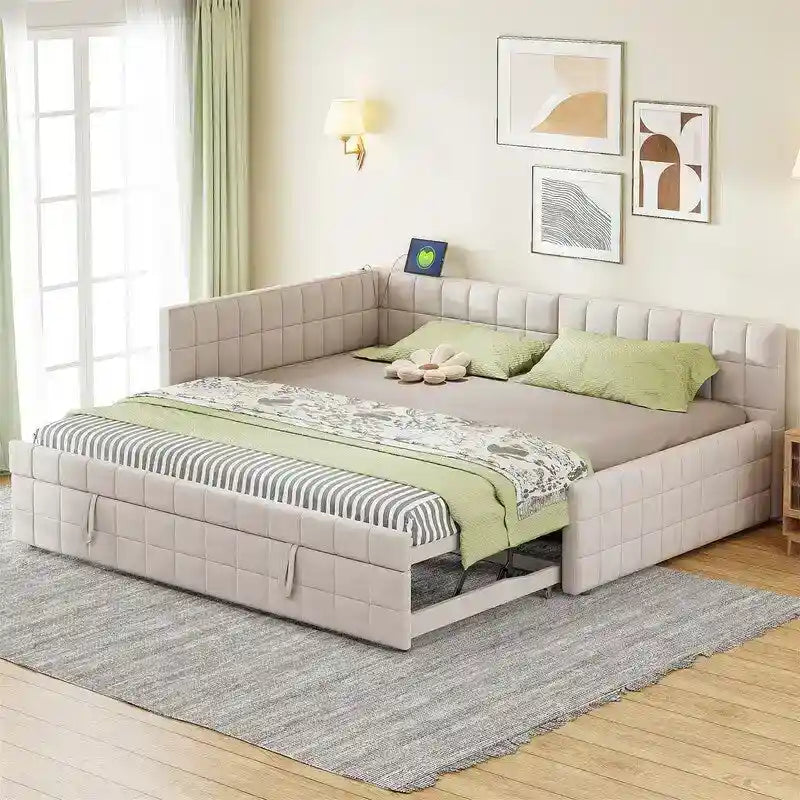 Lit de repos capitonné en blocs carrés avec lit gigogne relevable et deux ports USB, Beige / Gris