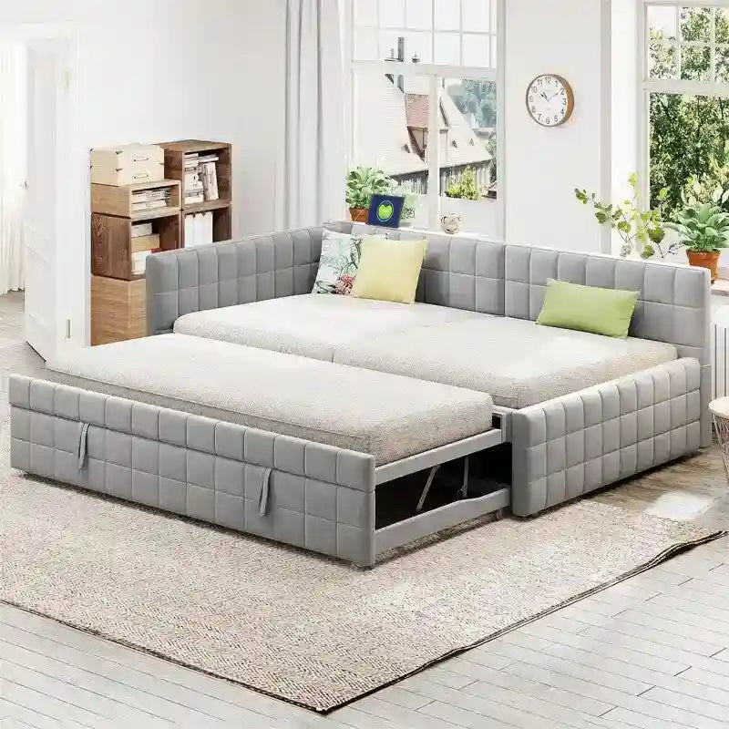 Lit de repos capitonné en blocs carrés avec lit gigogne relevable et deux ports USB, Beige / Gris