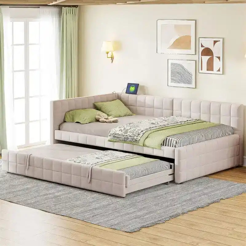 Lit de repos capitonné en blocs carrés avec lit gigogne relevable et deux ports USB, Beige / Gris