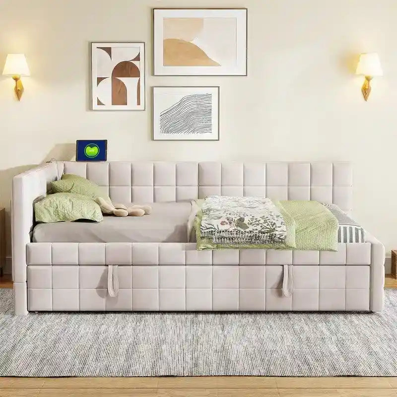 Lit de repos capitonné en blocs carrés avec lit gigogne relevable et deux ports USB, Beige / Gris