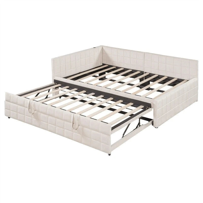 Lit de repos capitonné en blocs carrés avec lit gigogne relevable et deux ports USB, Beige / Gris