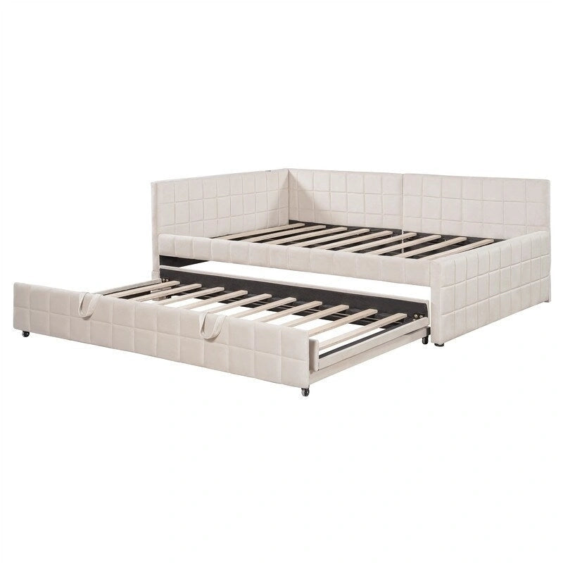 Lit de repos capitonné en blocs carrés avec lit gigogne relevable et deux ports USB, Beige / Gris