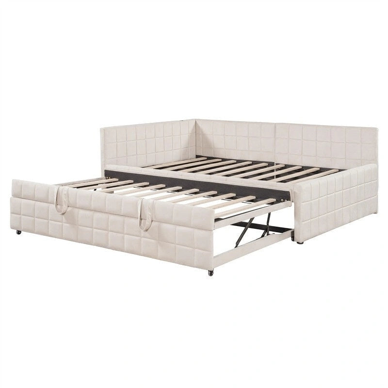 Lit de repos capitonné en blocs carrés avec lit gigogne relevable et deux ports USB, Beige / Gris