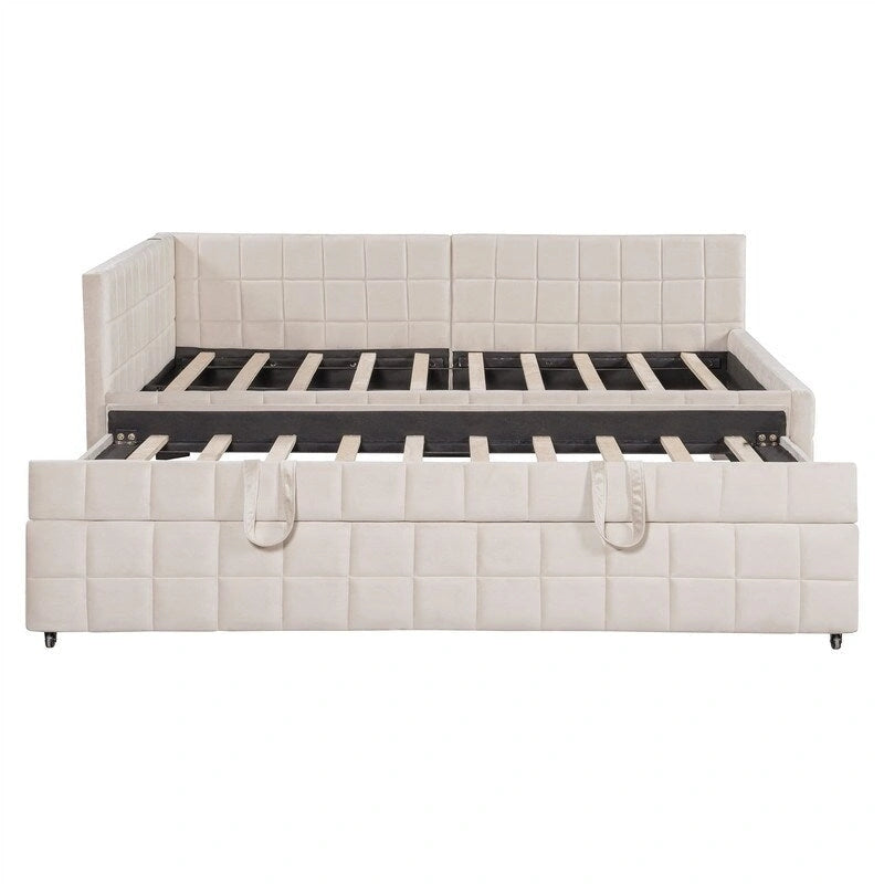 Lit de repos capitonné en blocs carrés avec lit gigogne relevable et deux ports USB, Beige / Gris