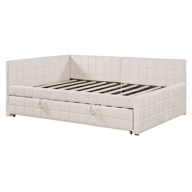 Lit de repos capitonné en blocs carrés avec lit gigogne relevable et deux ports USB, Beige / Gris