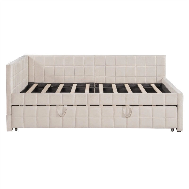 Lit de repos capitonné en blocs carrés avec lit gigogne relevable et deux ports USB, Beige / Gris