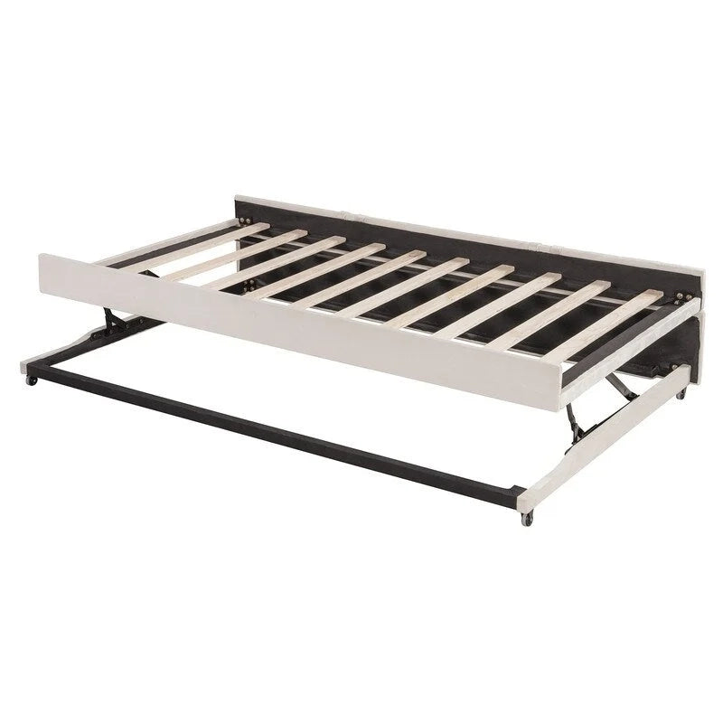 Lit de repos capitonné en blocs carrés avec lit gigogne relevable et deux ports USB, Beige / Gris