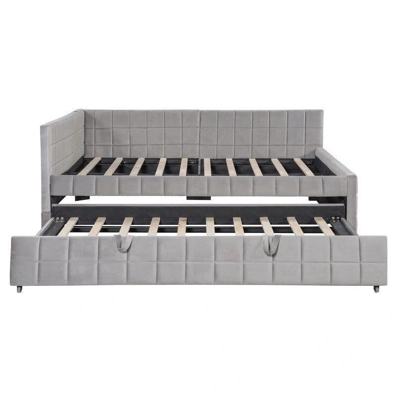 Lit de repos capitonné en blocs carrés avec lit gigogne relevable et deux ports USB, Beige / Gris