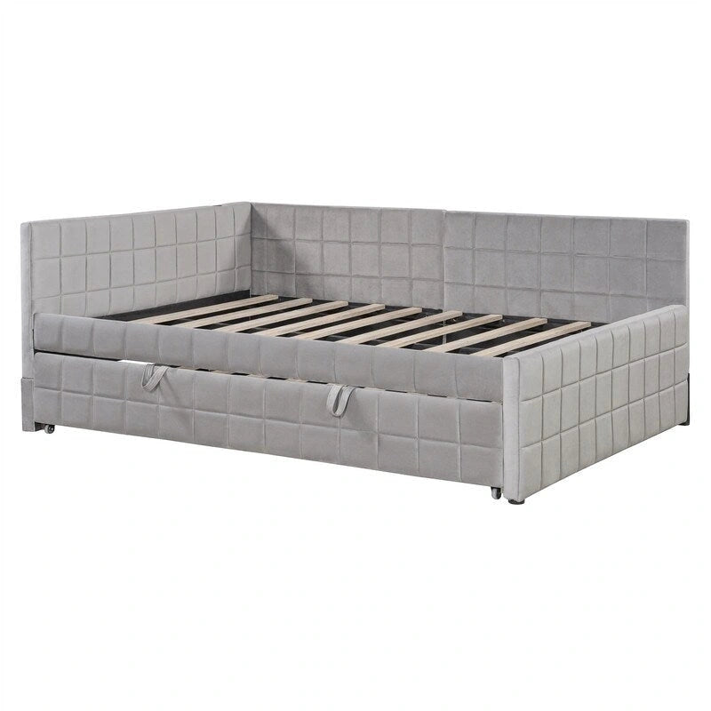 Lit de repos capitonné en blocs carrés avec lit gigogne relevable et deux ports USB, Beige / Gris