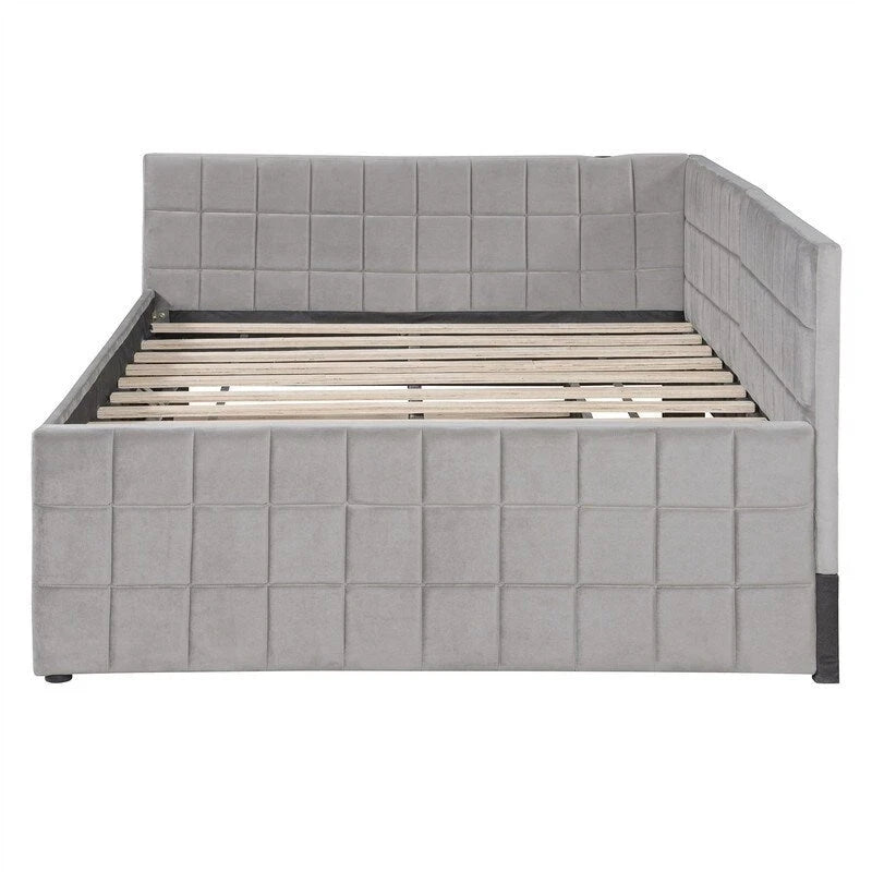 Lit de repos capitonné en blocs carrés avec lit gigogne relevable et deux ports USB, Beige / Gris