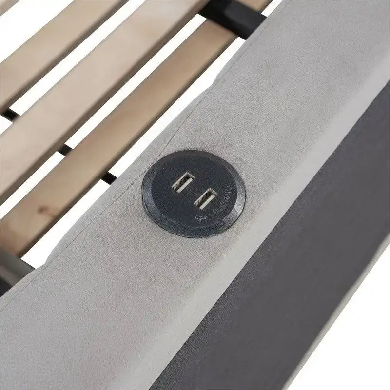 Lit de repos capitonné en blocs carrés avec lit gigogne relevable et deux ports USB, Beige / Gris