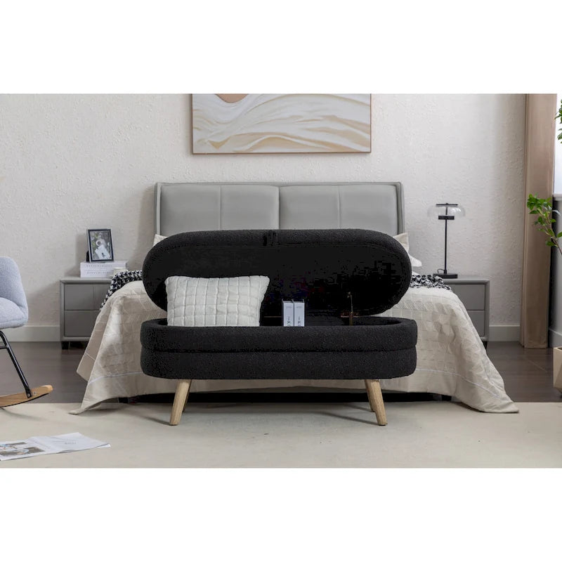 Banc de rangement ottoman ovale en bouclette avec pieds en bois massif et compartiment caché