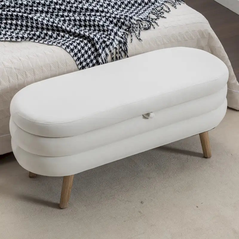 Banc de rangement ottoman ovale en bouclette avec pieds en bois massif et compartiment caché