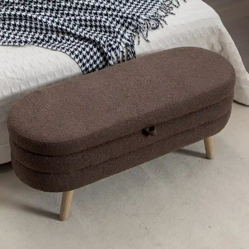 Banc de rangement ottoman ovale en bouclette avec pieds en bois massif et compartiment caché