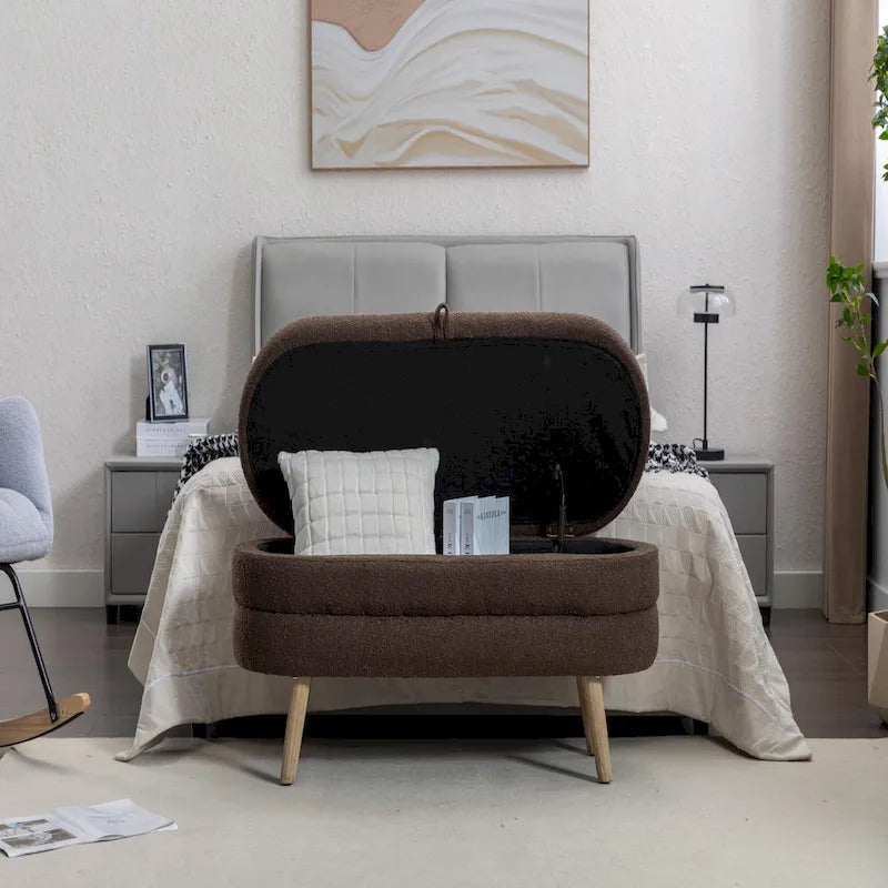 Banc de rangement ottoman ovale en bouclette avec pieds en bois massif et compartiment caché