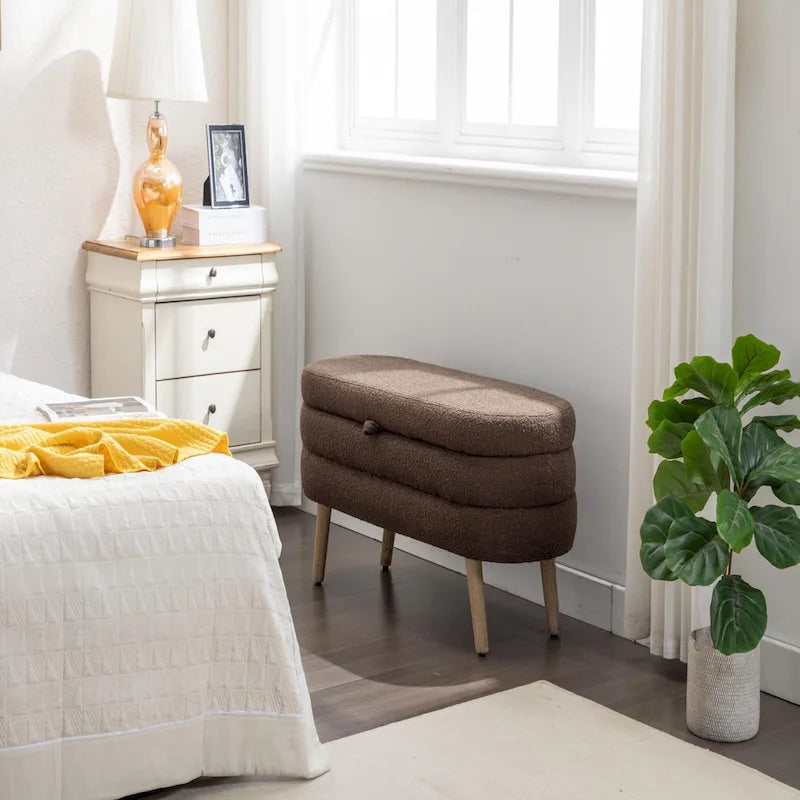 Banc de rangement ottoman ovale en bouclette avec pieds en bois massif et compartiment caché