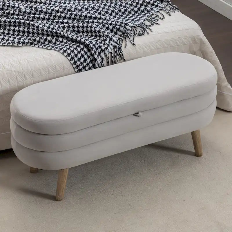 Banc de rangement ottoman ovale en bouclette avec pieds en bois massif et compartiment caché