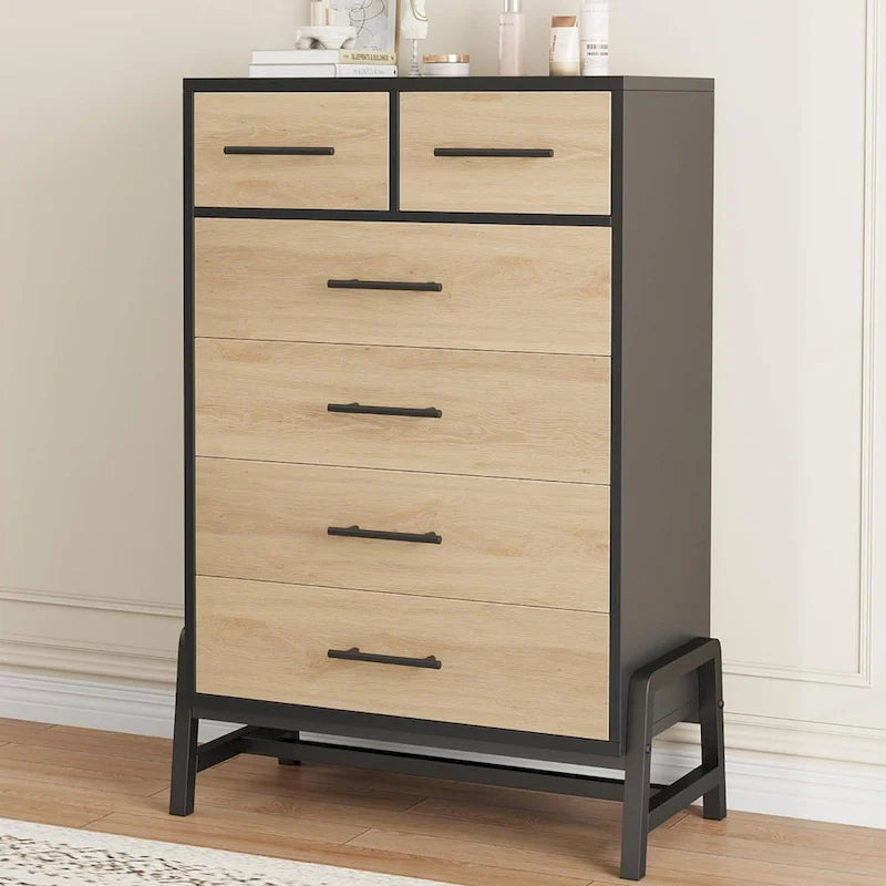 Commode haute 6 tiroirs avec pieds chics, finition bois naturel