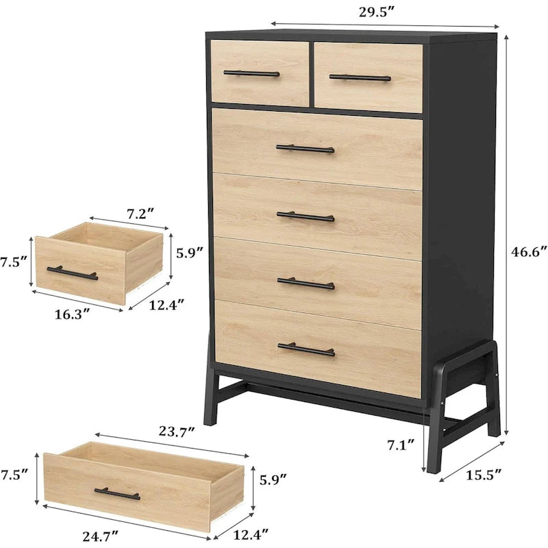 Commode haute 6 tiroirs avec pieds chics, finition bois naturel