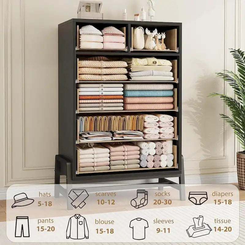 Commode haute 6 tiroirs avec pieds chics, finition bois naturel