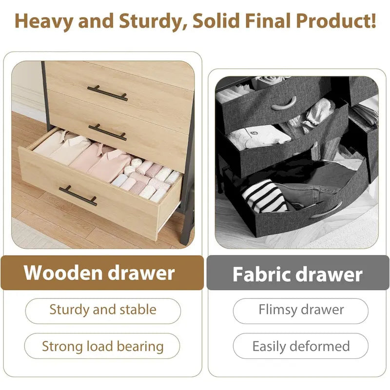 Commode haute 6 tiroirs avec pieds chics, finition bois naturel