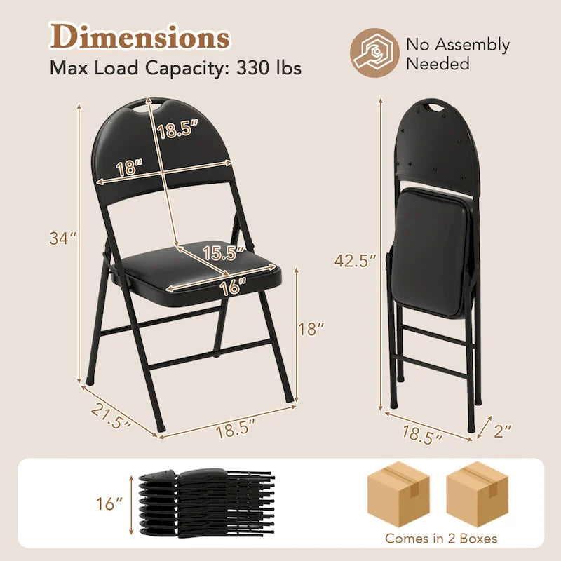 Chaise pliante rembourrée en similicuir PVC noir avec cadre métallique robuste