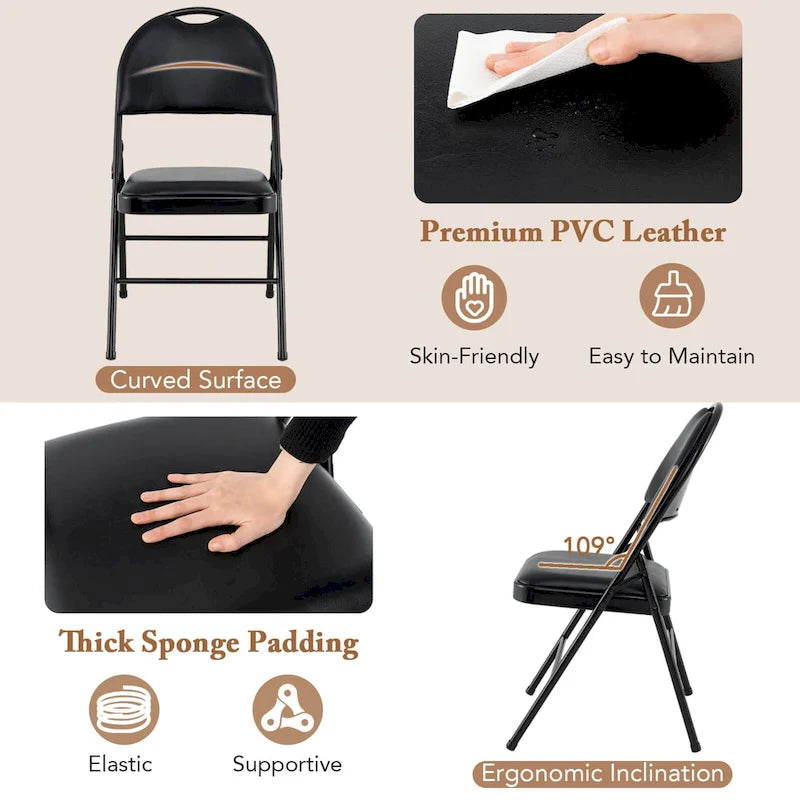 Chaise pliante rembourrée en similicuir PVC noir avec cadre métallique robuste