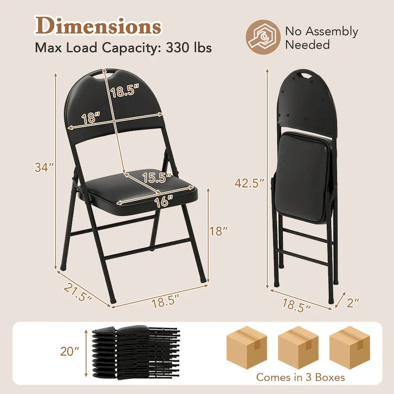 Chaise pliante rembourrée en similicuir PVC noir avec cadre métallique robuste