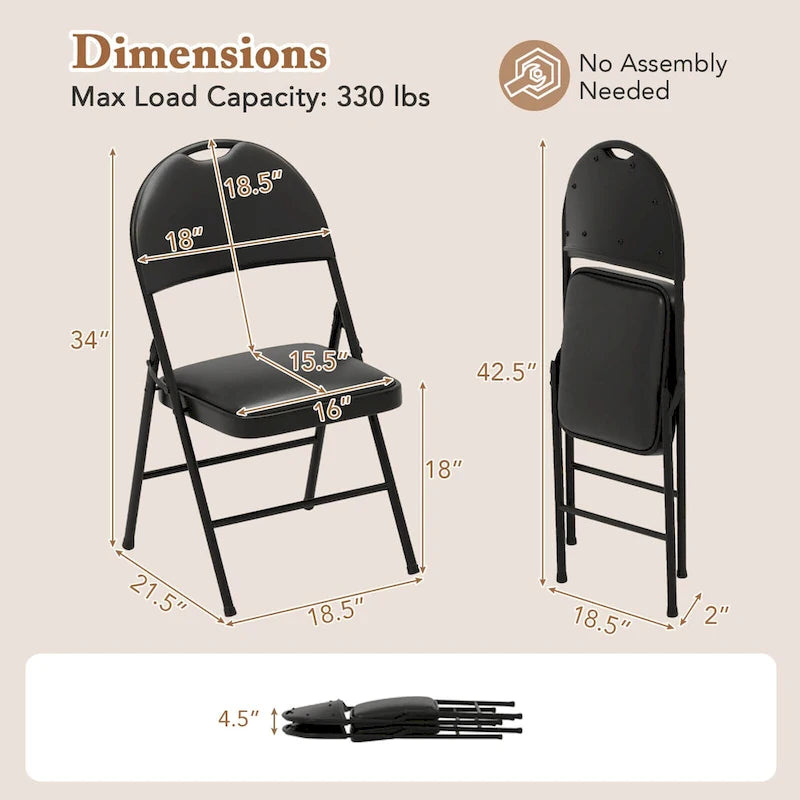 Chaise pliante rembourrée en similicuir PVC noir avec cadre métallique robuste
