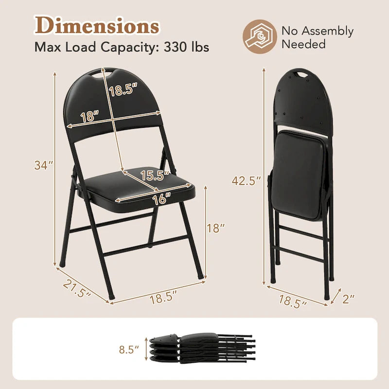 Chaise pliante rembourrée en similicuir PVC noir avec cadre métallique robuste