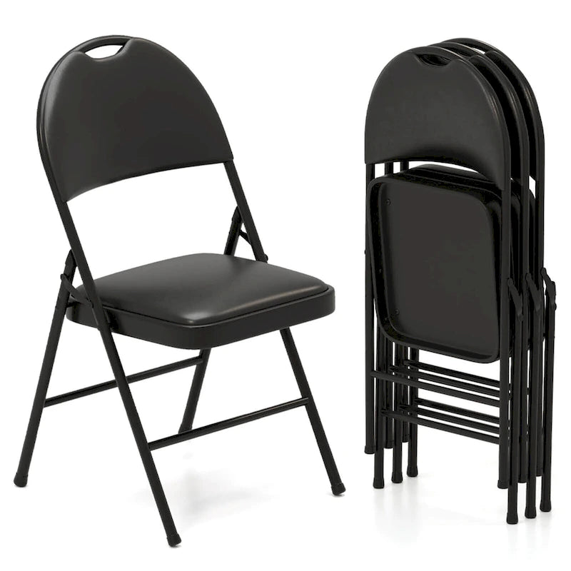Chaise pliante rembourrée en similicuir PVC noir avec cadre métallique robuste