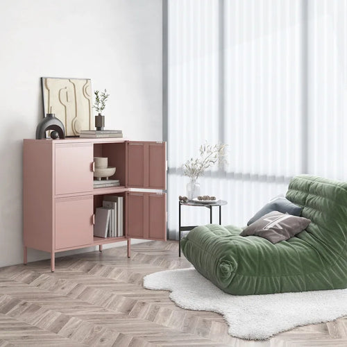 Armoire de rangement métallique rose à 4 portes avec aération et pieds réglables