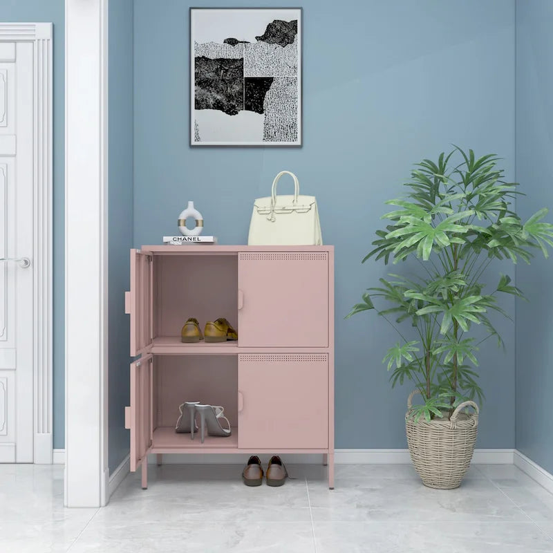 Armoire de rangement métallique rose à 4 portes avec aération et pieds réglables