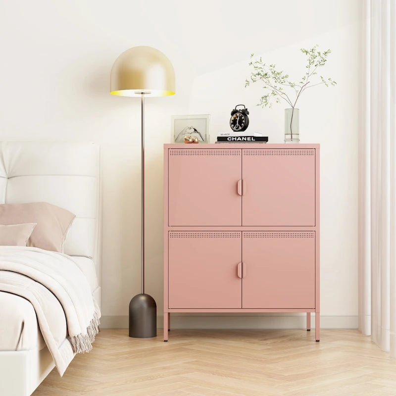 Armoire de rangement métallique rose à 4 portes avec aération et pieds réglables