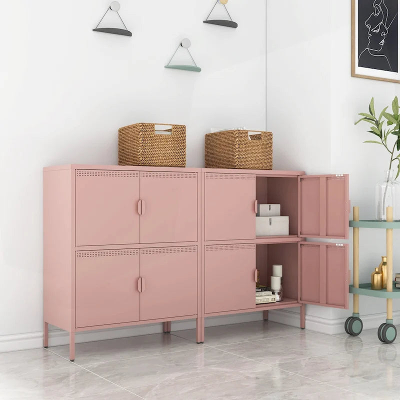 Armoire de rangement métallique rose à 4 portes avec aération et pieds réglables