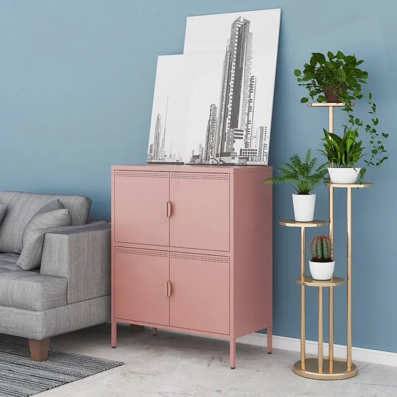 Armoire de rangement métallique rose à 4 portes avec aération et pieds réglables