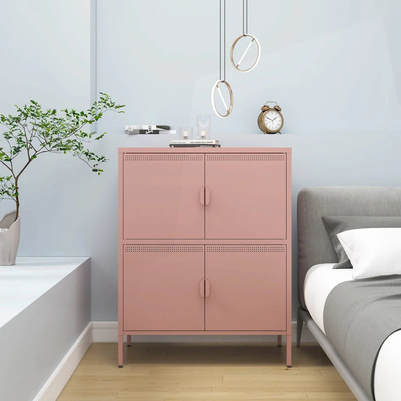 Armoire de rangement métallique rose à 4 portes avec aération et pieds réglables