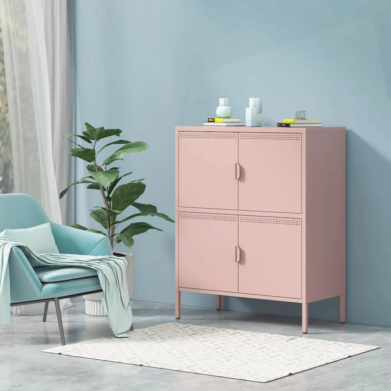 Armoire de rangement métallique rose à 4 portes avec aération et pieds réglables