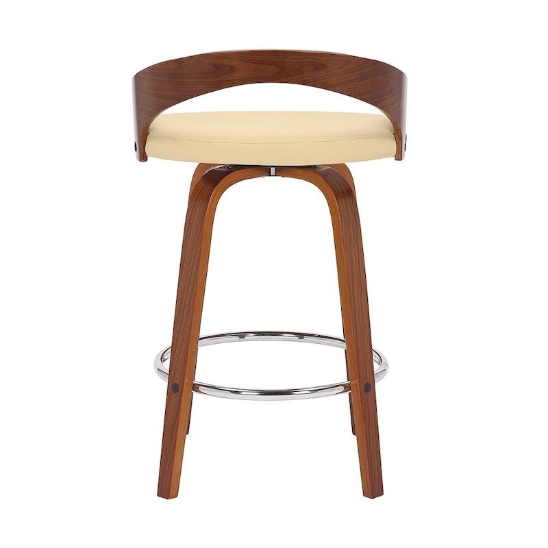 Tabouret de bar pivotant en similicuir crème, hauteur comptoir, dossier bas, bois de noyer