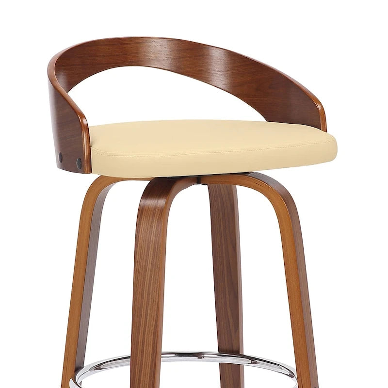 Tabouret de bar pivotant en similicuir crème, hauteur comptoir, dossier bas, bois de noyer