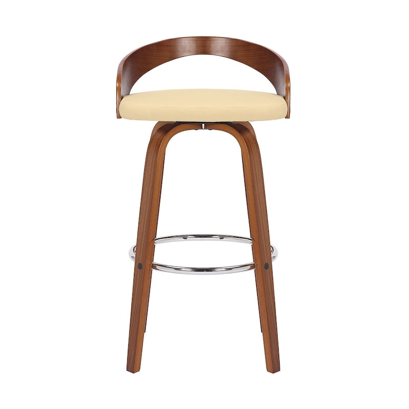 Tabouret de bar pivotant en similicuir crème, hauteur comptoir, dossier bas, bois de noyer