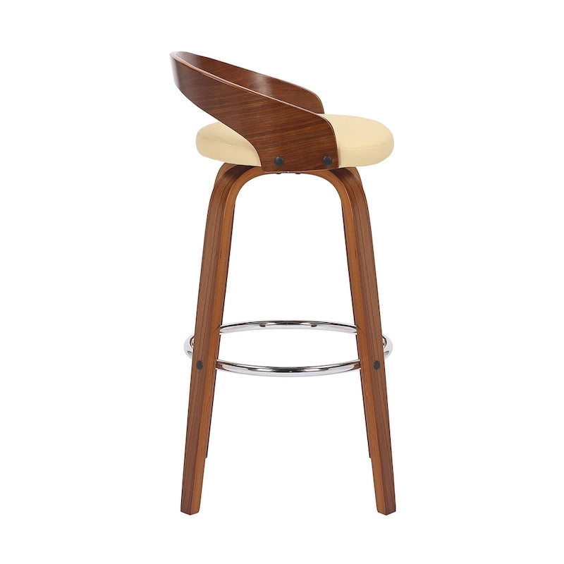 Tabouret de bar pivotant en similicuir crème, hauteur comptoir, dossier bas, bois de noyer