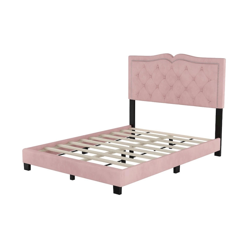 Cadre de lit plateforme capitonné en velours rose avec tête de lit rivetée