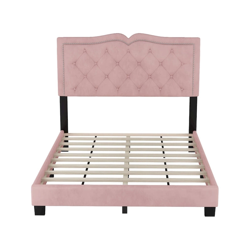Cadre de lit plateforme capitonné en velours rose avec tête de lit rivetée