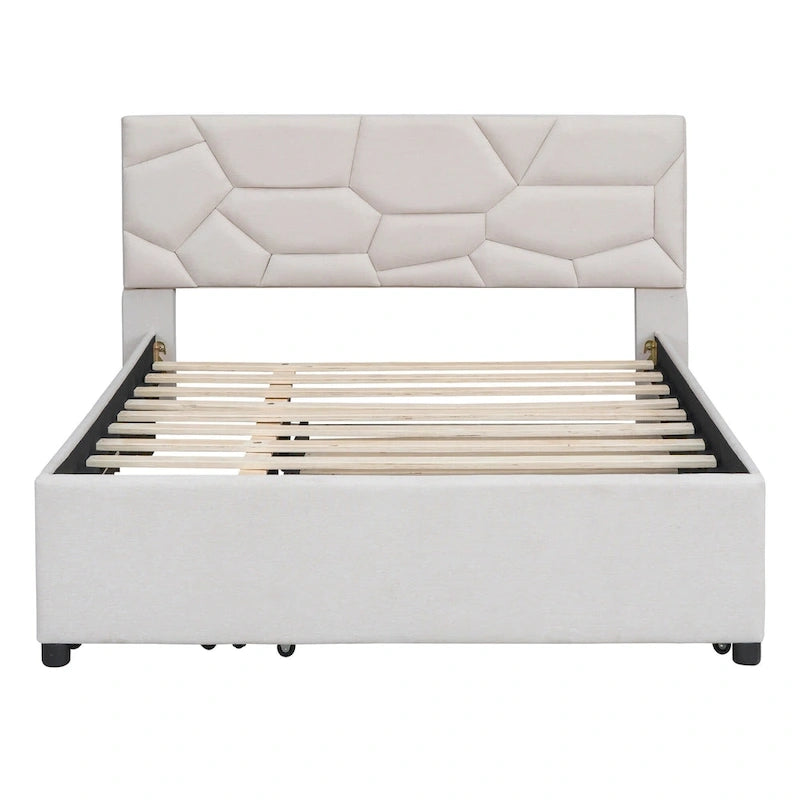 Lit plateforme rembourré beige avec tête de lit géométrique et tiroirs de rangement