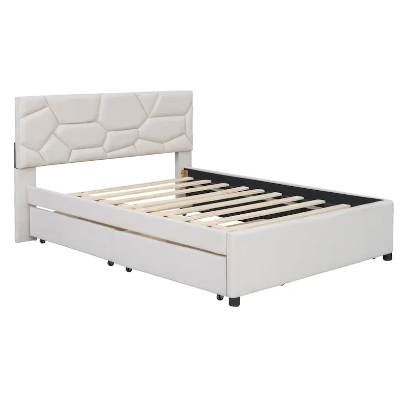 Lit plateforme rembourré beige avec tête de lit géométrique et tiroirs de rangement