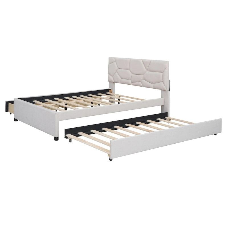 Lit plateforme rembourré beige avec tête de lit géométrique et tiroirs de rangement